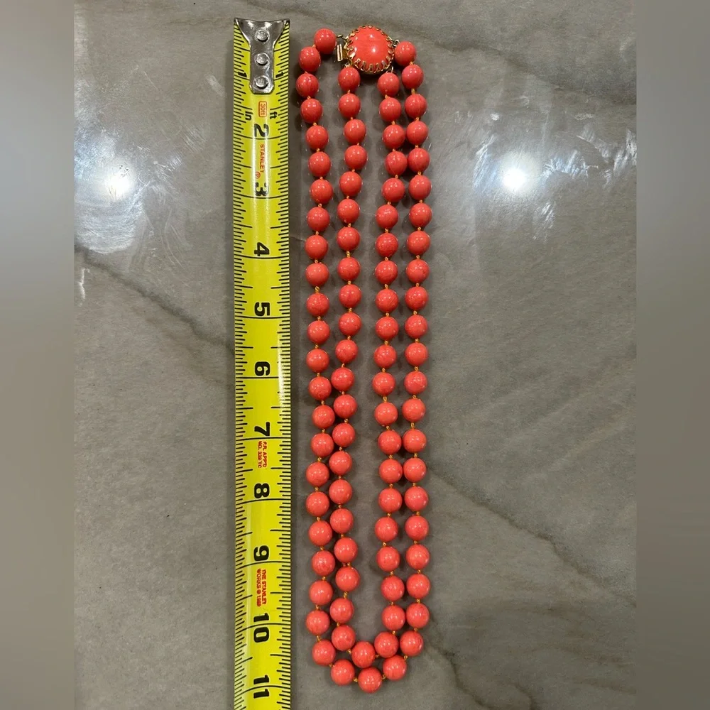 Vintage Mid Century Two Strand Faux Coral Lucite Bead Necklace with Ornate Clasp